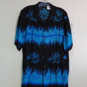 Vintage Shirt Men's Large Black Blue Flames Button Up Short Sleeve Dragon AOP